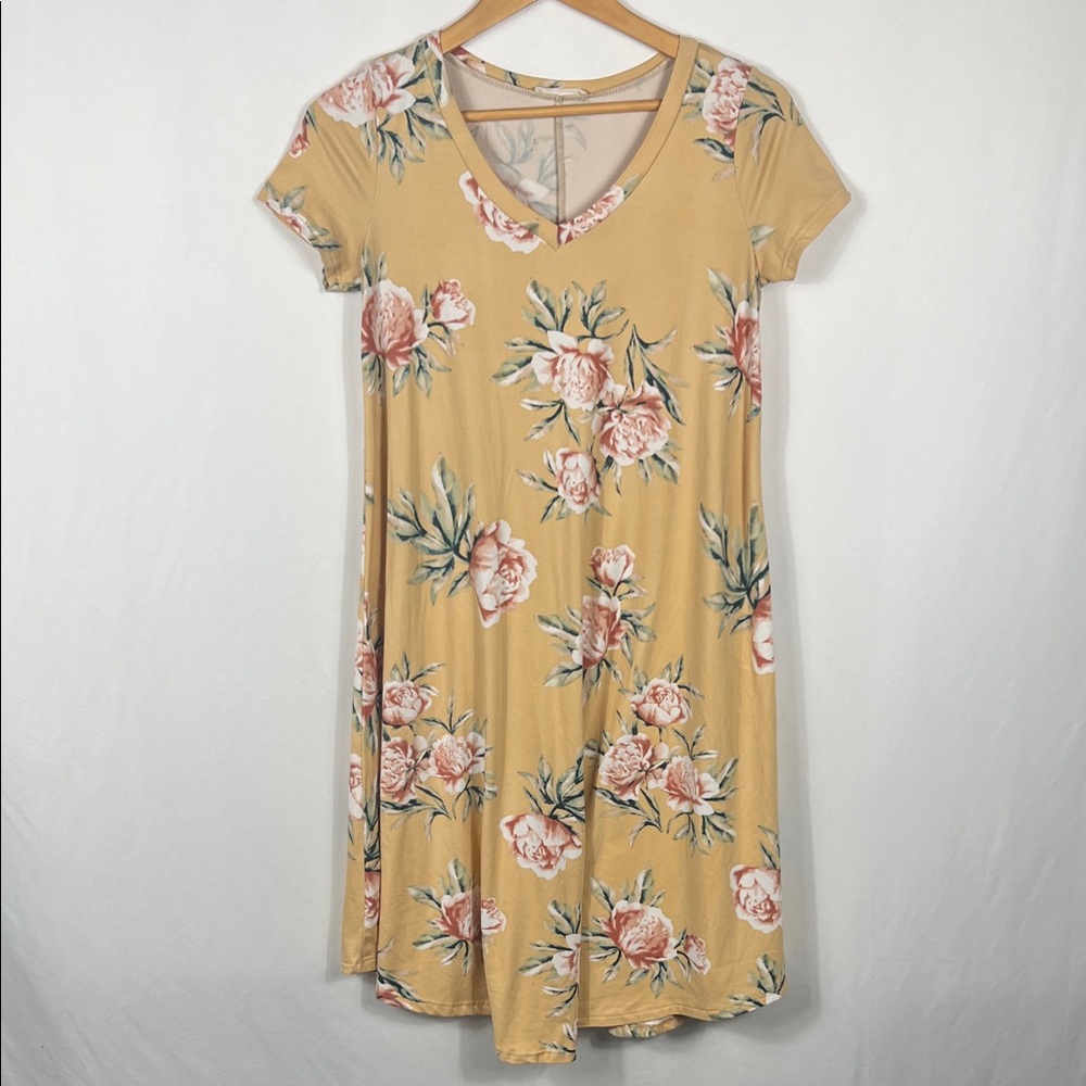 Reb & J Floral Midi Dress Women’s Small Short‎ Sleeve Peach Color Stretchy Flowy